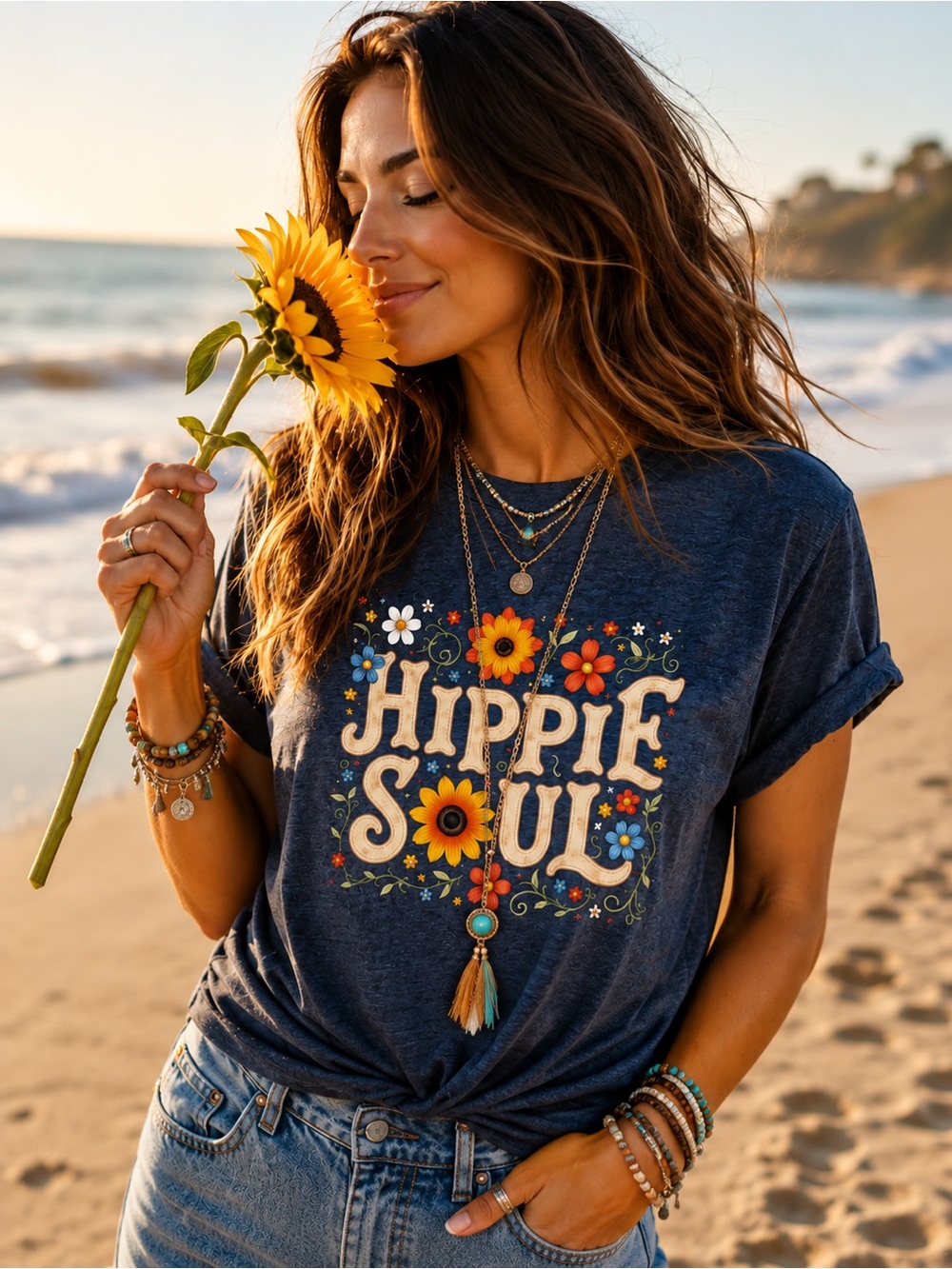 Hippie Soul Graphic Tee Boho Cotton Blend T-Shirt Floral Retro Style